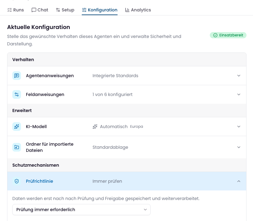Agent configuration with clear rules and mandatory review before processing